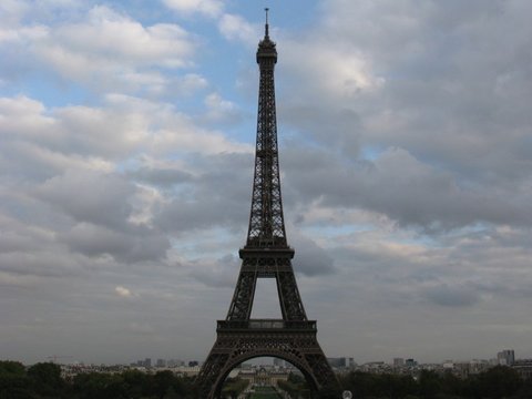 The full height of the Eiffel Tower filling the frame against a mottled sky, the Paris rooftops low along the bottom edge.