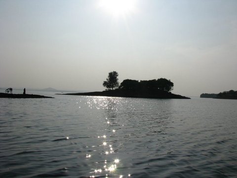 A low island crowned with trees stands silhouetted against a bright sky, sunlight sparkling on the water in front of it.