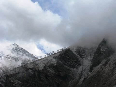 Low cloud pours over dark, snow-dusted slopes where a line of leafless trees stands along the ridge.