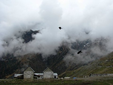 Two black birds fly through heavy cloud above a pair of stone huts with tin roofs at the foot of a mountainside.