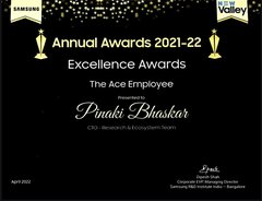Annual Awards 2021-22 Excellence Awards certificate: The Ace Employee, presented to Pinaki Bhaskar, April 2022