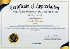 Certificate of Appreciation: New Valley Project of the Year (R&D), Gallery Search, presented to Pinaki Bhaskar, February 2025
