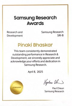 Samsung Research Awards certificate for Research and Development presented to Pinaki Bhaskar, April 2025