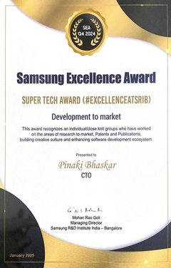 Samsung Excellence Award certificate: Super Tech Award, Development to market, presented to Pinaki Bhaskar, January 2025