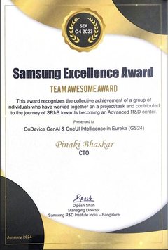 Samsung Excellence Award certificate: Team Awesome Award for on-device GenAI and One UI intelligence, presented to Pinaki Bhaskar, January 2024