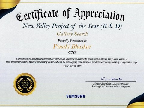Certificate of Appreciation: New Valley Project of the Year (R&D), Gallery Search