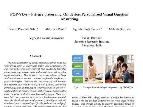 First page of the paper POP-VQA: Privacy Preserving, On-Device, Personalized Visual Question Answering (WACV 2024)