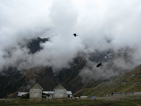Two stone huts at the foot of a mountain swallowed by cloud, with two black birds in flight.