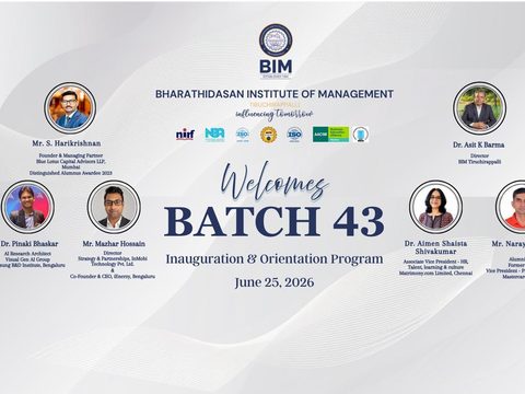 Welcome banner for the inauguration and orientation programme of BIM Batch 43, with portraits of the Director and the invited guests, Dr. Pinaki Bhaskar among them.