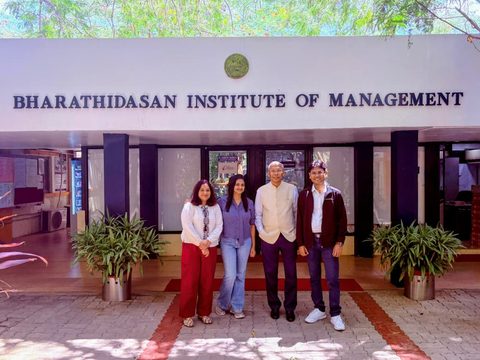 Dr. Pinaki Bhaskar with the Director, Prof. Asit K. Barma, and two colleagues from BIM outside the Bharathidasan Institute of Management building.
